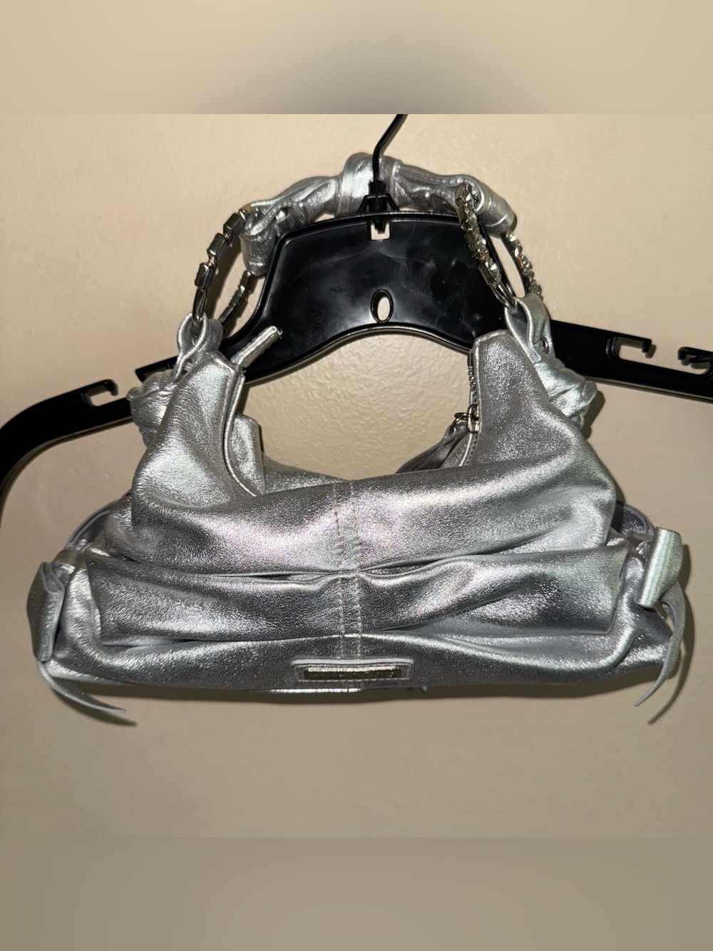 Vintage Y2K Isabella Fiore Metallic Silver Rhinestone Ruched Bow Shoulder Bag